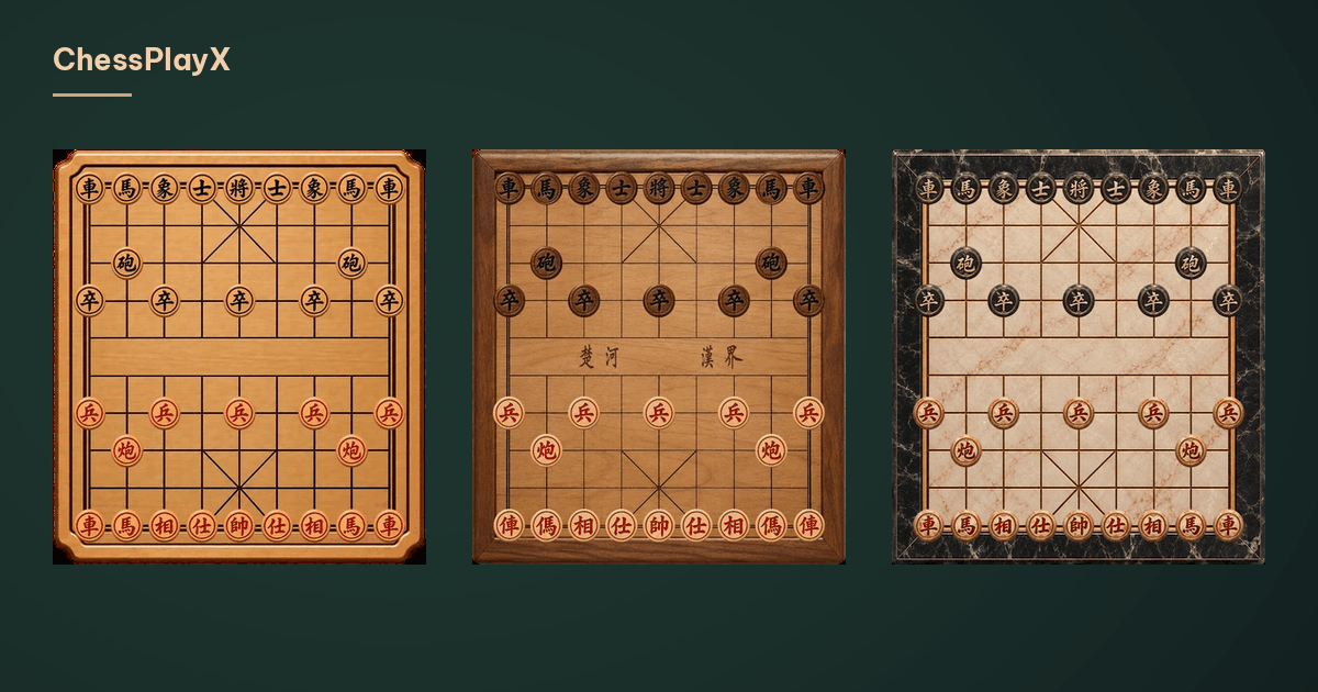 Plateaux de bois doré, de bois brun et de pierre claire, avec des pièces à caractères chinois dans la même position initiale.
